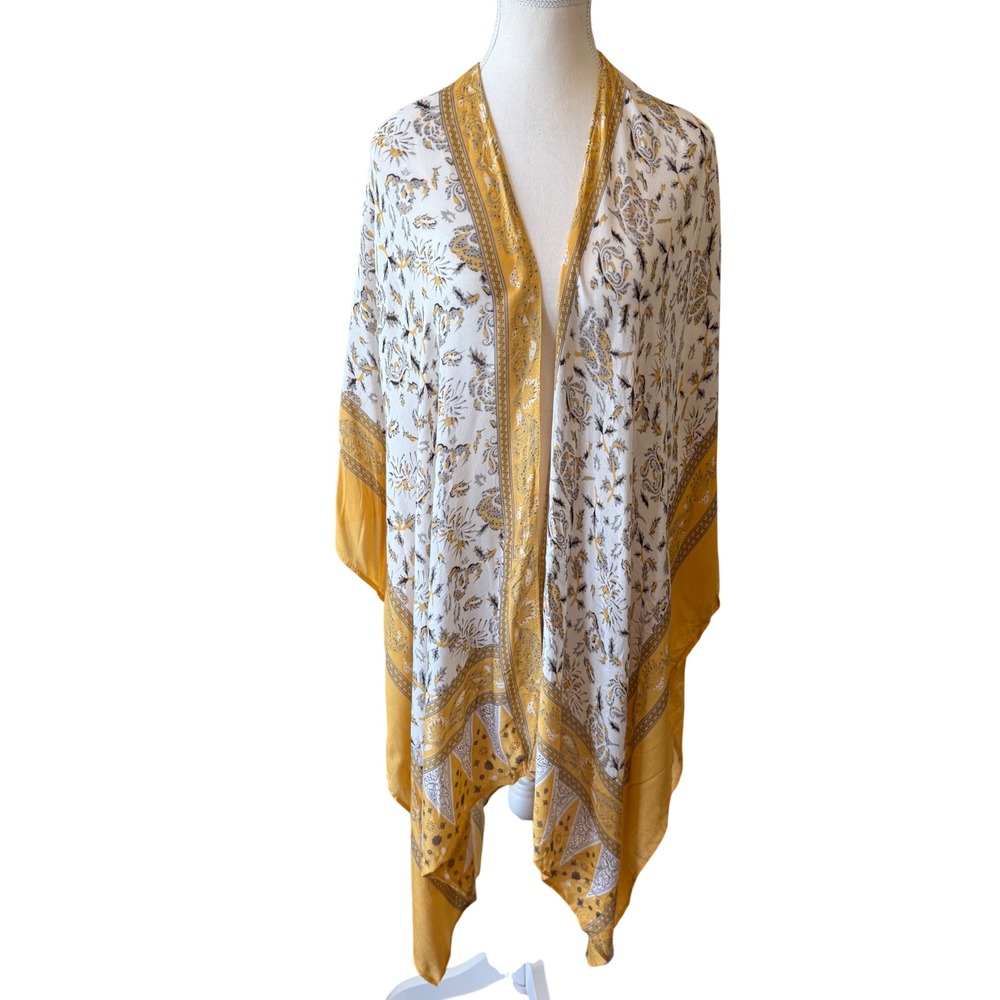 Moss Rose Floral Paisley Kimono Wrap Yellow White Open Front One Size NWT Beach‎